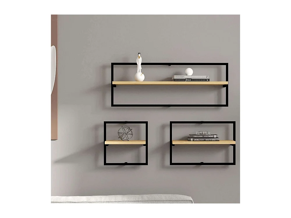 Set de 3 étagères murales Sikile Bois clair et Métal Noir