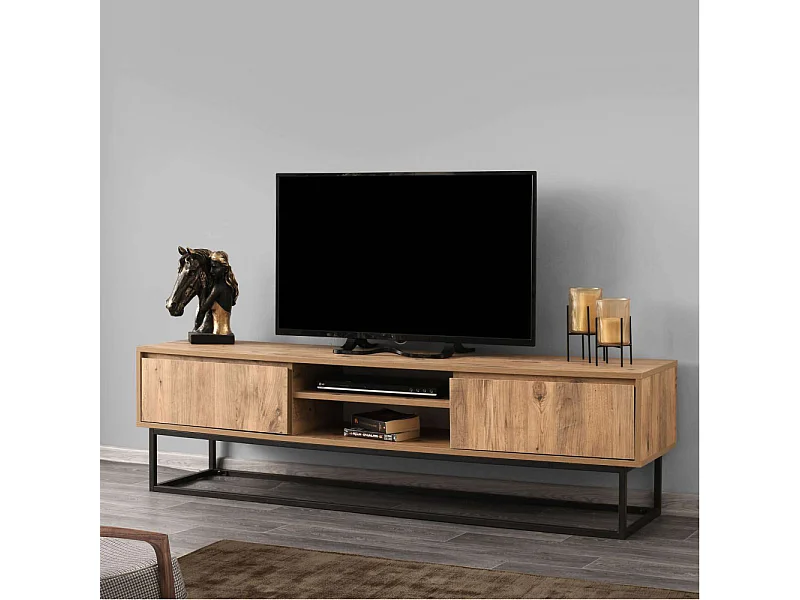 Industrieller TV-Ständer – 180 cm – Schwarz und Kiefer – Melamin