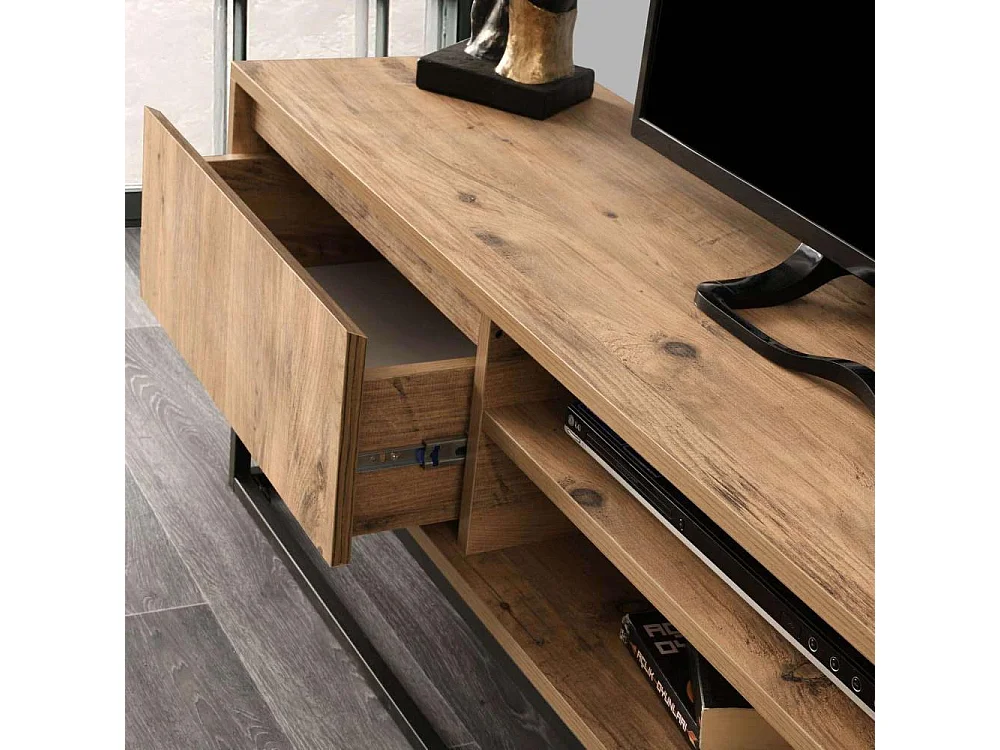 Industrieller TV-Ständer – 180 cm – Schwarz und Kiefer – Melamin