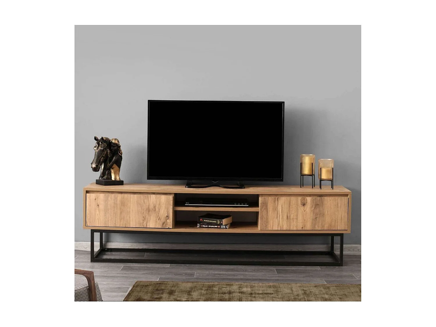 Industrieller TV-Ständer – 180 cm – Schwarz und Kiefer – Melamin