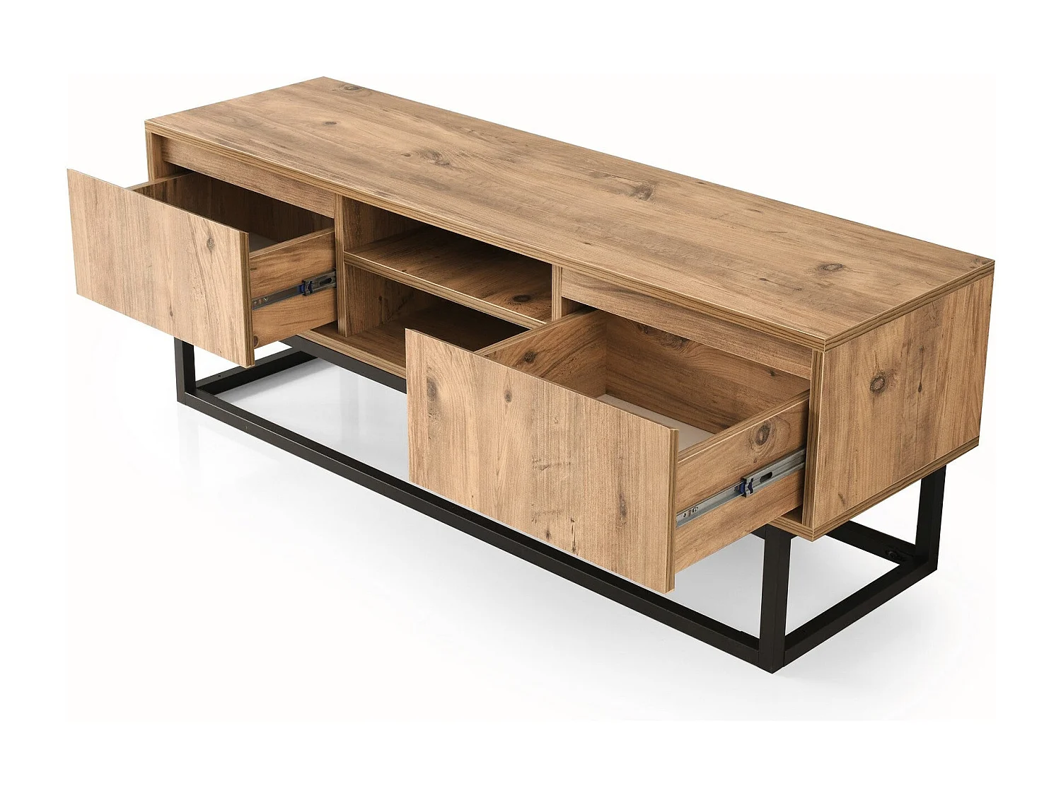 Industrieller TV-Ständer – 180 cm – Schwarz und Kiefer – Melamin