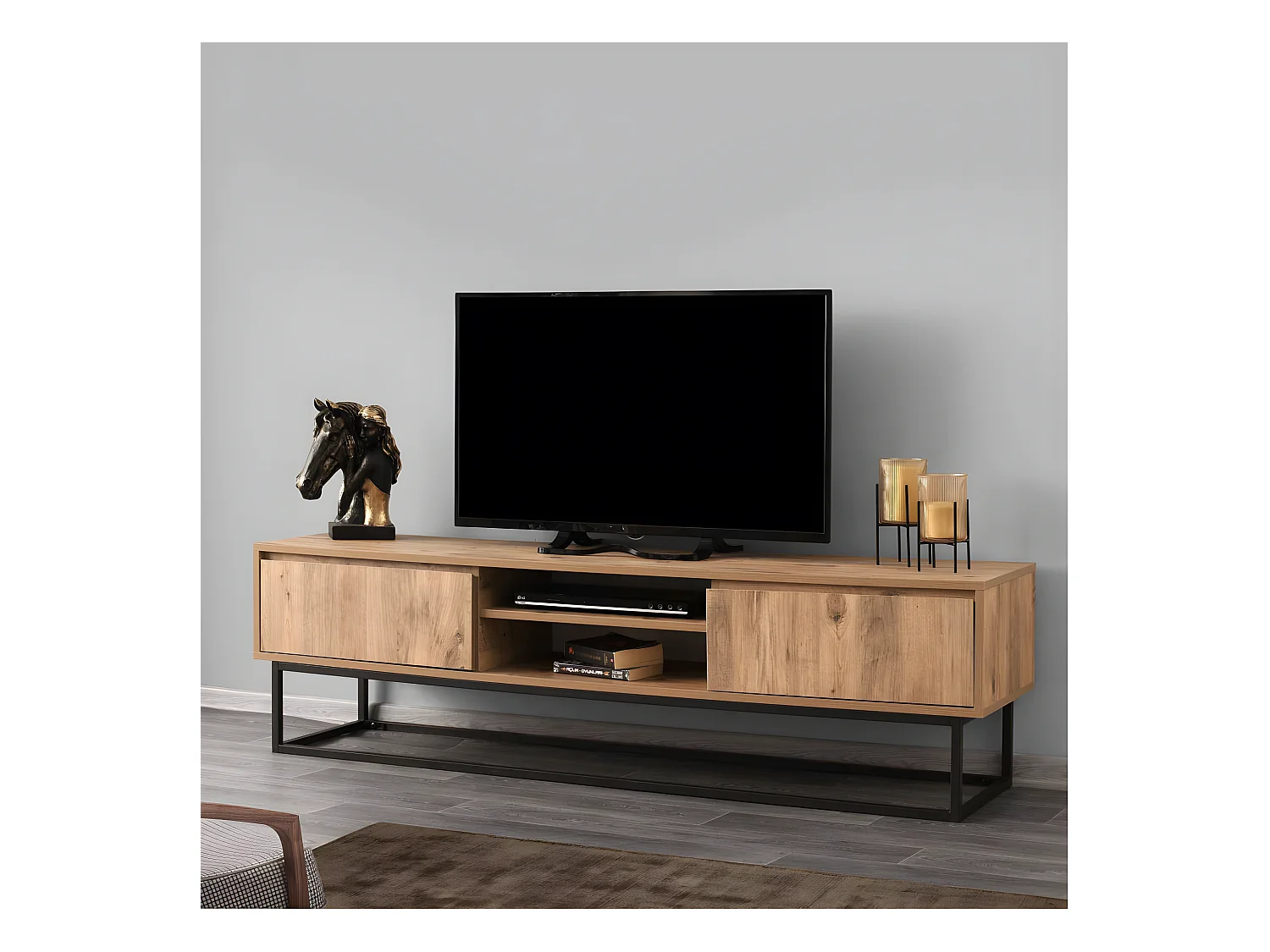 Meuble TV style industriel Solido L180cm Bois foncé et Métal Noir
