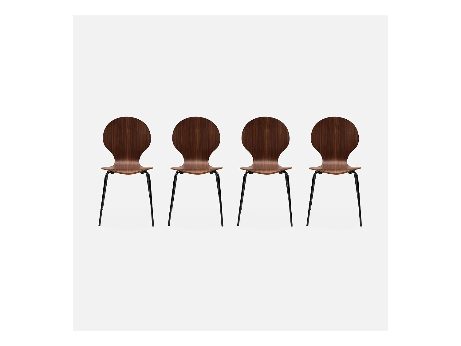 Lot de 4 chaises noyer. rétro empilables. bois d'hévéa et contreplaqué. pieds en acier. Naomi. L 43 x P 48 x H 87cm