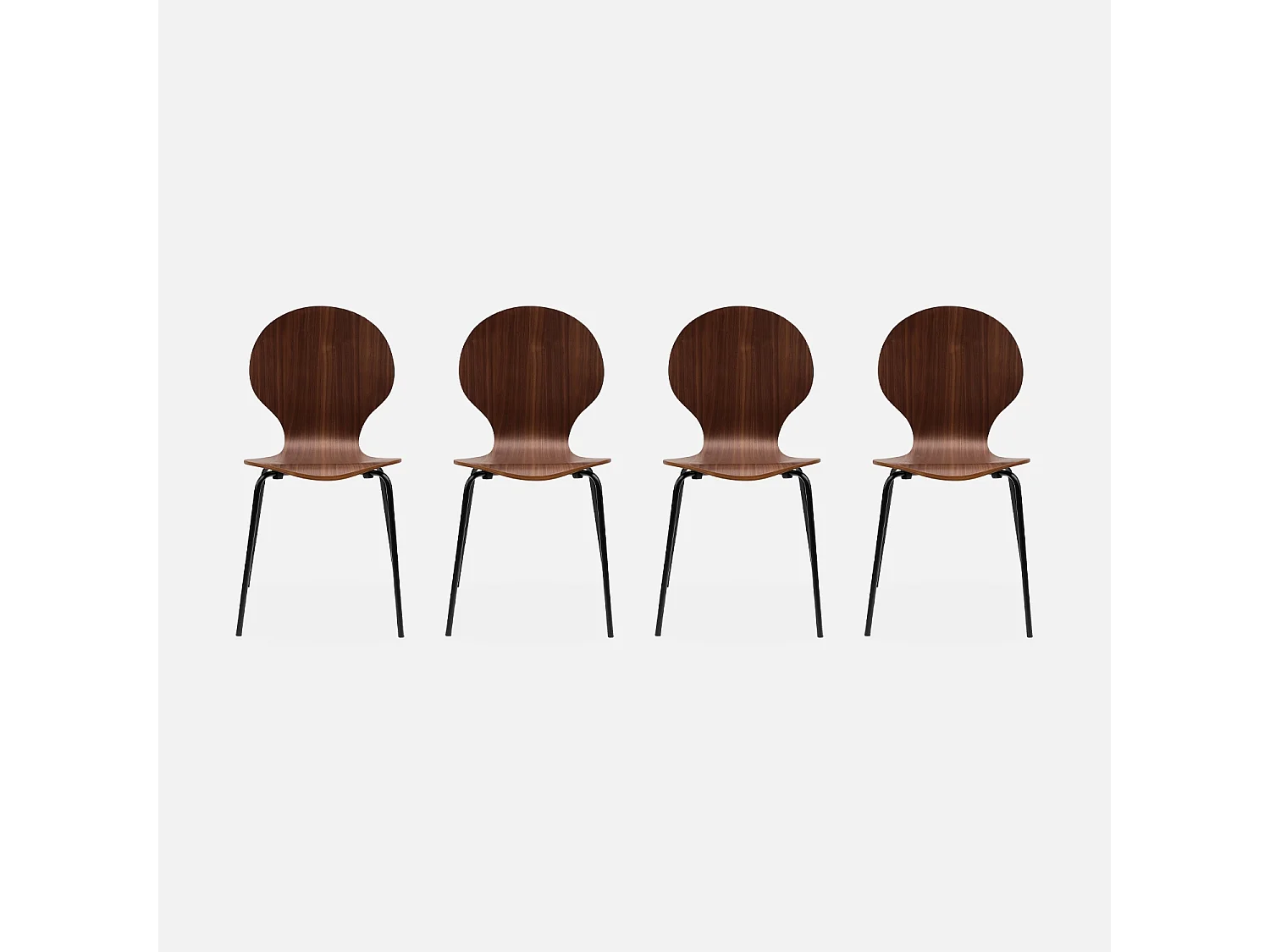 Lot de 4 chaises noyer. rétro empilables. bois d'hévéa et contreplaqué. pieds en acier. Naomi. L 43 x P 48 x H 87cm