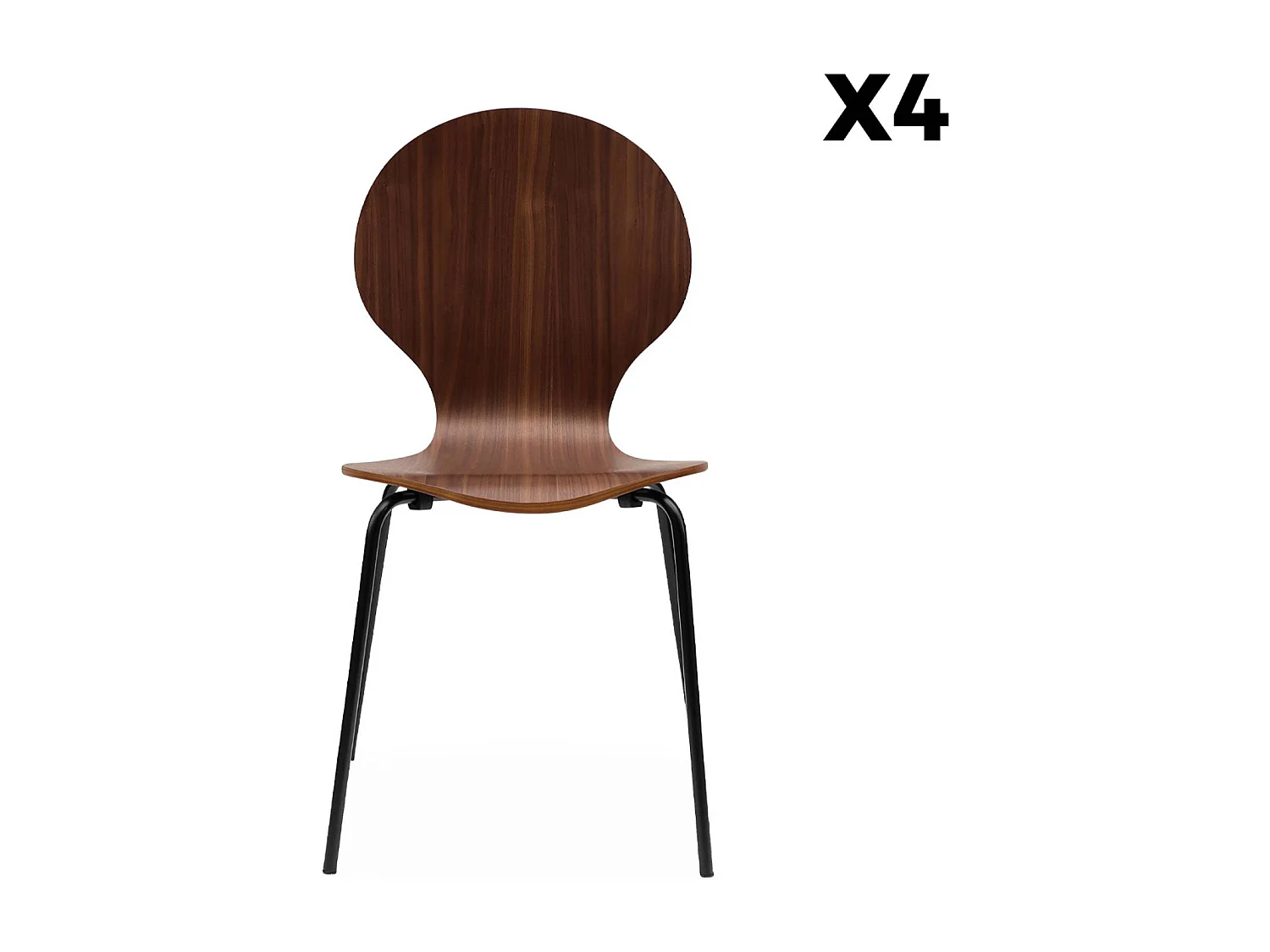 Lot de 4 chaises noyer. rétro empilables. bois d'hévéa et contreplaqué. pieds en acier. Naomi. L 43 x P 48 x H 87cm