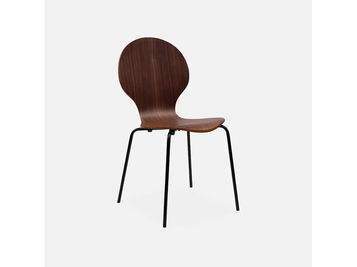 Lot de 4 chaises noyer. rétro empilables. bois d'hévéa et contreplaqué. pieds en acier. Naomi. L 43 x P 48 x H 87cm