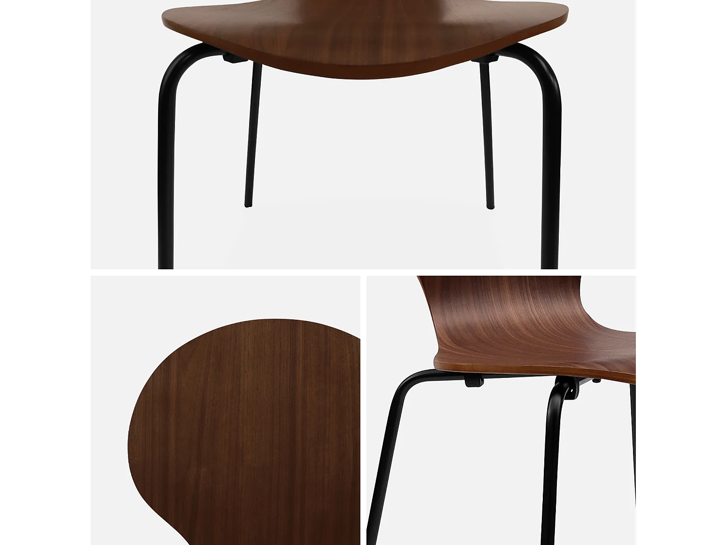 Lot de 4 chaises noyer. rétro empilables. bois d'hévéa et contreplaqué. pieds en acier. Naomi. L 43 x P 48 x H 87cm