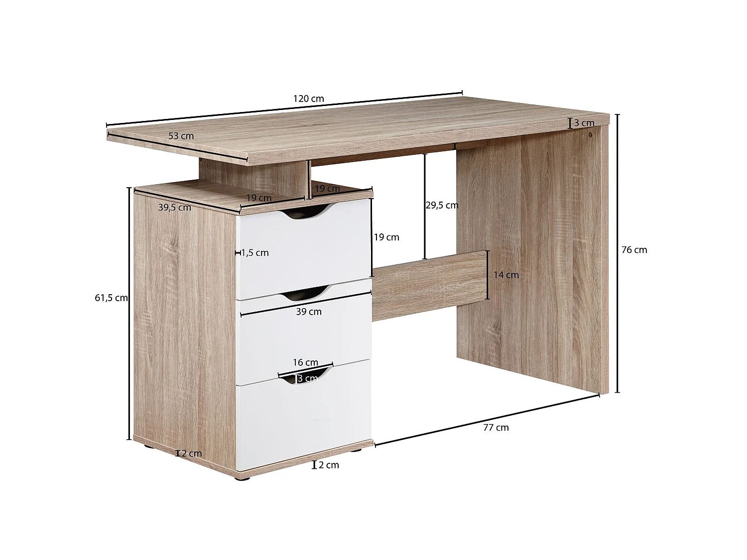 Schreibtisch MASSA mit Container Sonoma Computertisch Bürotisch 120cm 3 Schübe