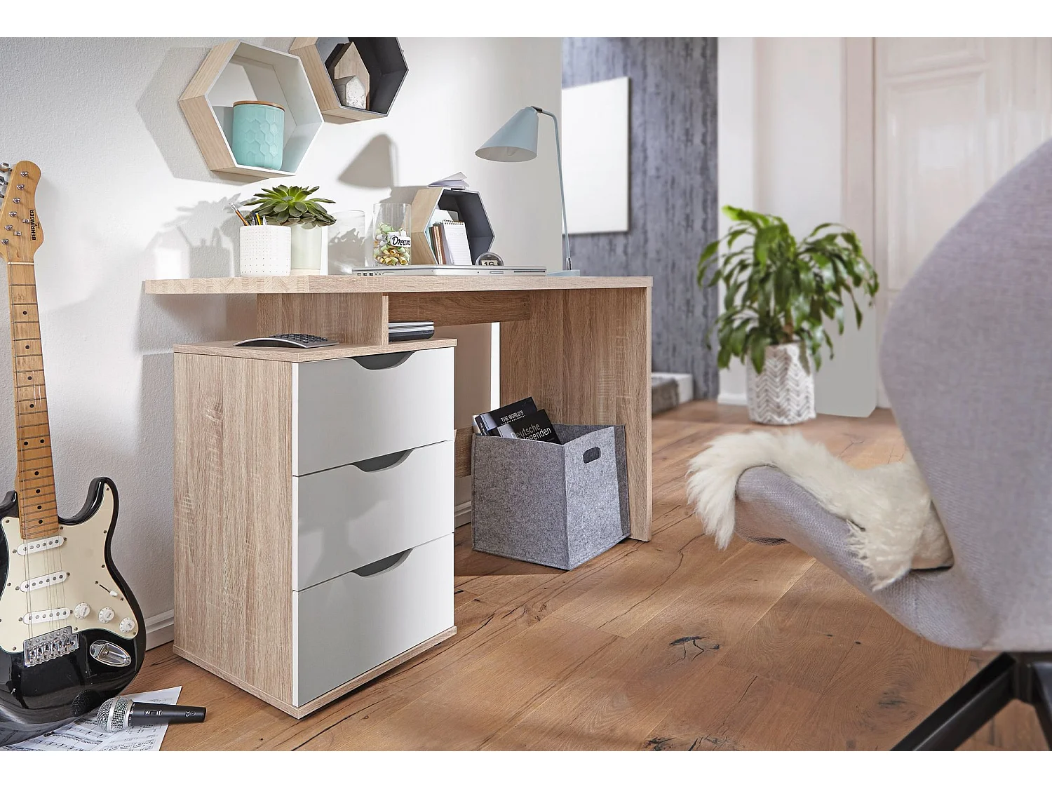 Schreibtisch MASSA mit Container Sonoma Computertisch Bürotisch 120cm 3 Schübe