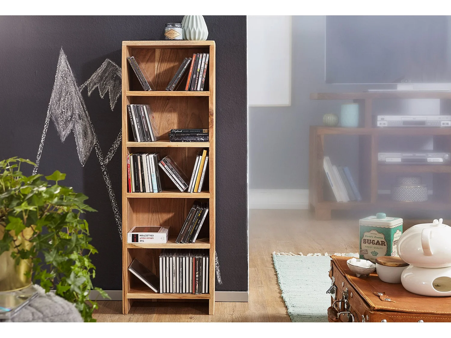 Étagère Rangement CD bois massif 30x90x17cm Meuble de Rangement Étagère