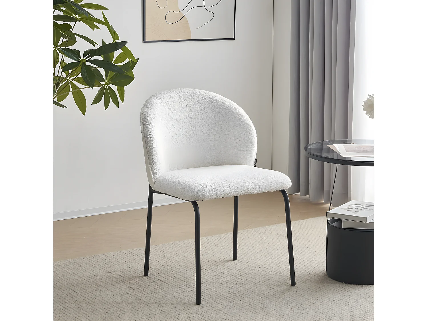 Lot de 2 chaises de salle à manger en tissu bouclette écru, piètement en métal noir - Noé