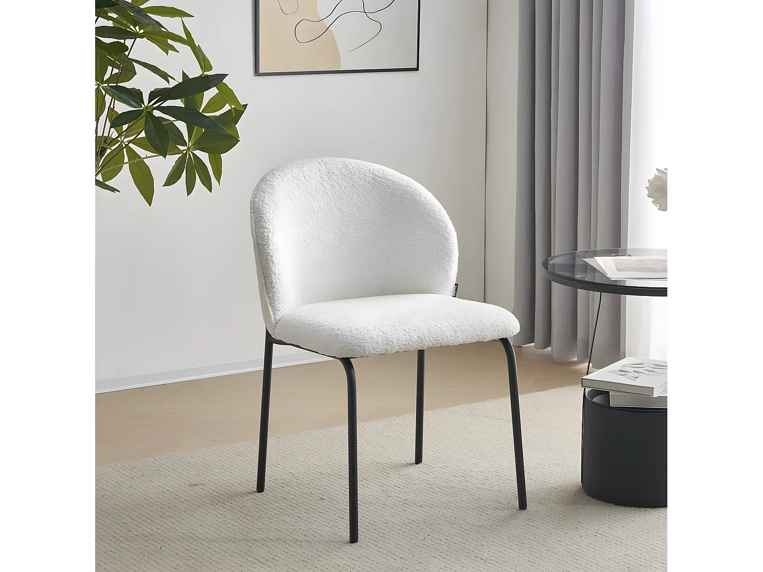 Lot de 2 chaises de salle à manger en tissu bouclette écru, piètement en métal noir - Noé