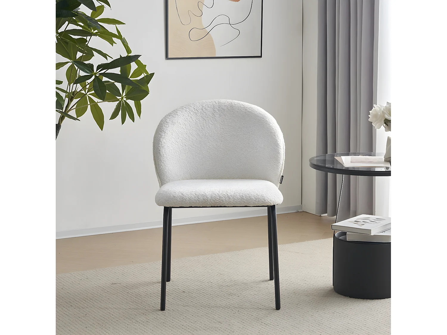 Lot de 2 chaises de salle à manger en tissu bouclette écru, piètement en métal noir - Noé