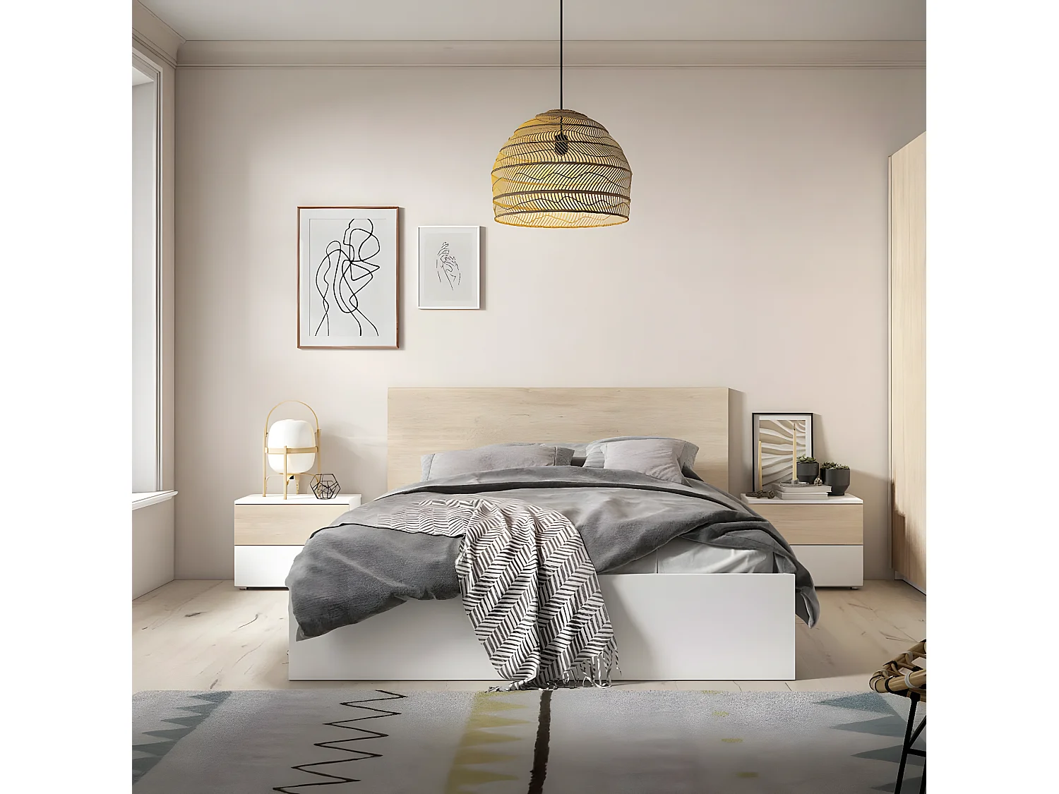 Table de chevet 2 tiroirs blanc et effet bois 54 cm - Arizona