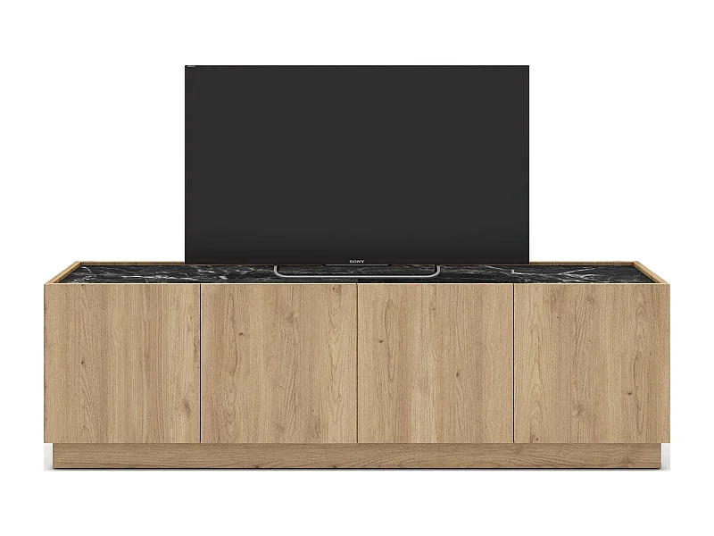 Meuble TV 4 portes effet bois et marbre noir 160 cm - Dilan