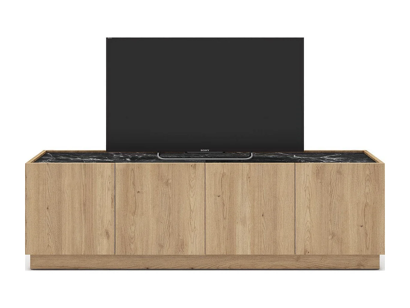 Meuble TV 4 portes effet bois et marbre noir 160 cm - Dilan