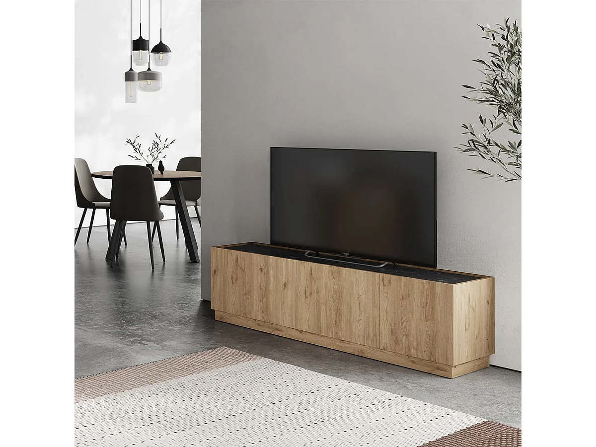 Meuble TV 4 portes effet bois et marbre noir 160 cm - Dilan