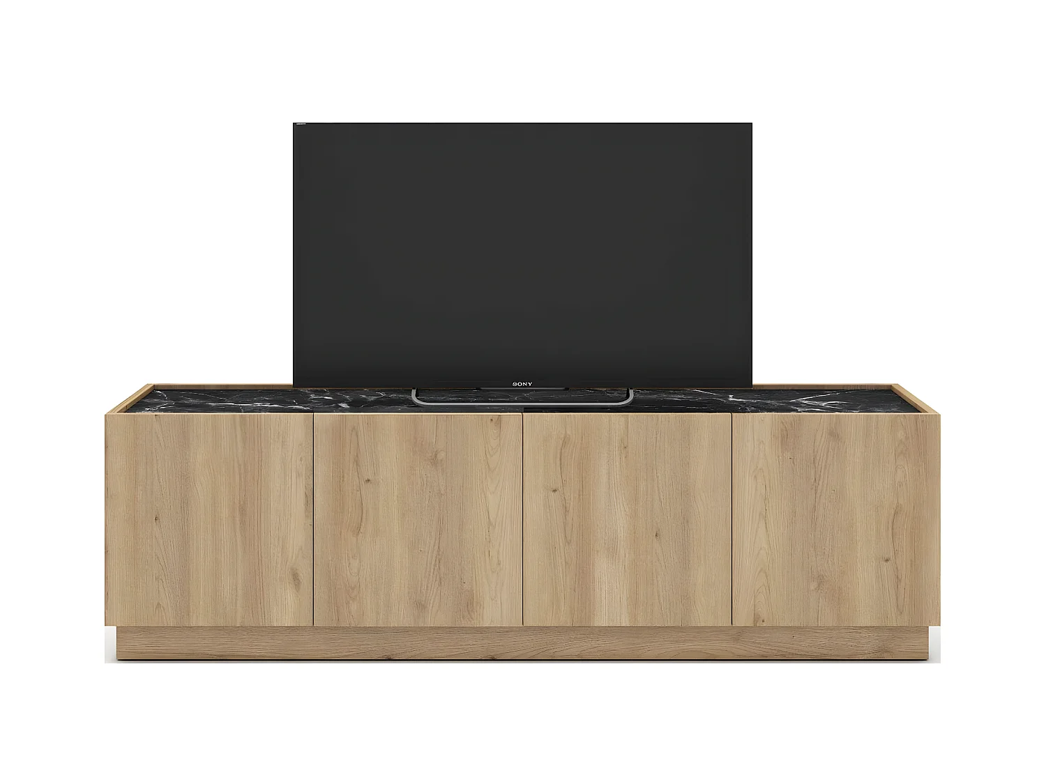 Meuble TV 4 portes effet bois et marbre noir 160 cm - Dilan