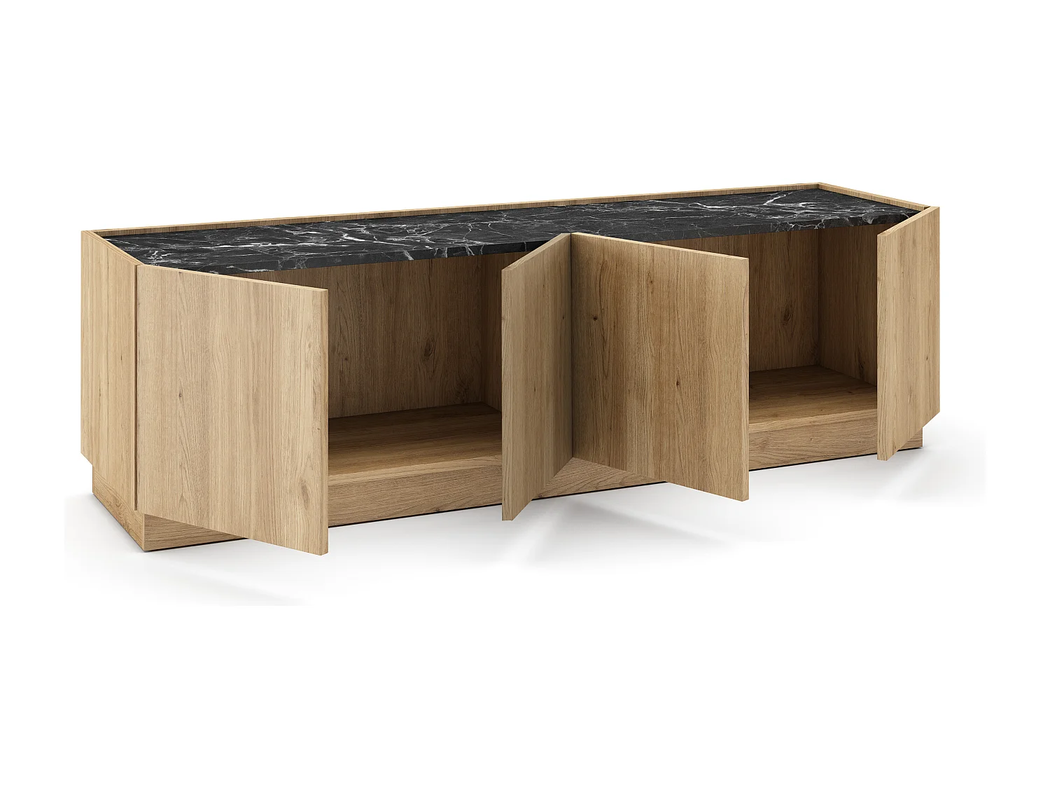 Meuble TV 4 portes effet bois et marbre noir 160 cm - Dilan