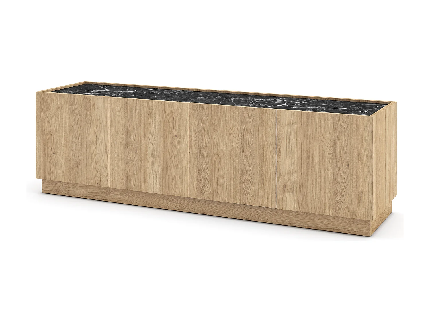 Meuble TV 4 portes effet bois et marbre noir 160 cm - Dilan