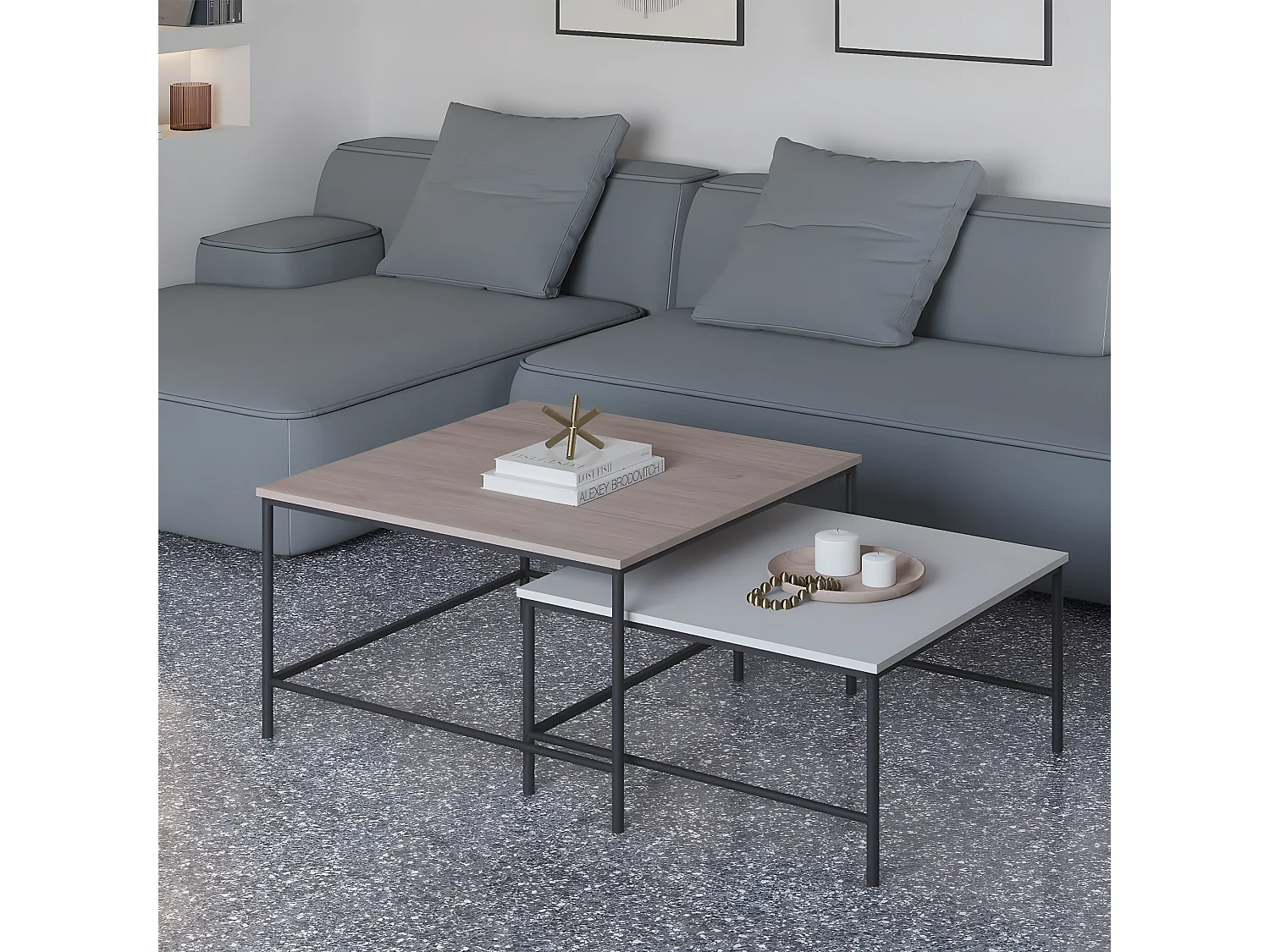 Set de 2 tables basses gigognes carrées effet bois et blanc - Donna