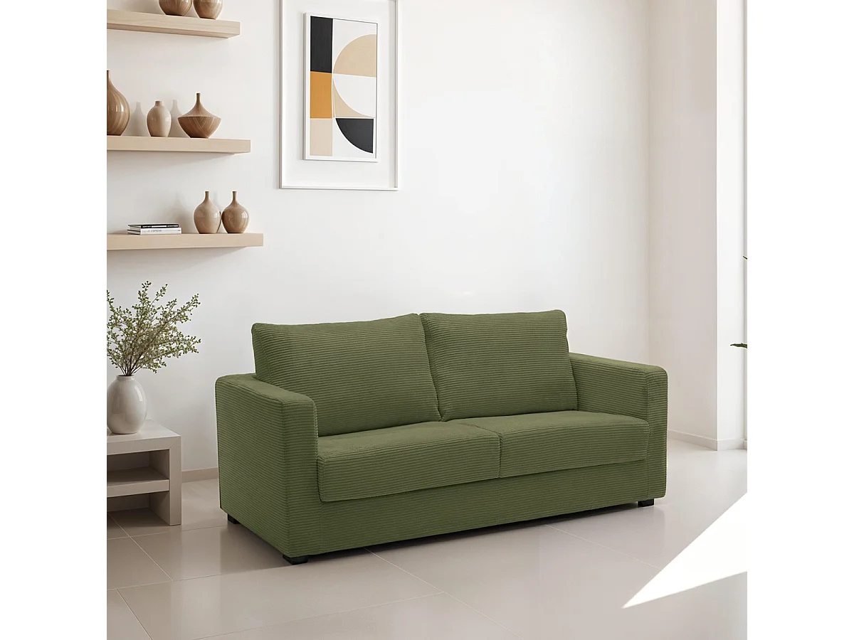 Canapé convertible 3 places en velours côtelé vert kaki - ouverture semi-express - Silvia