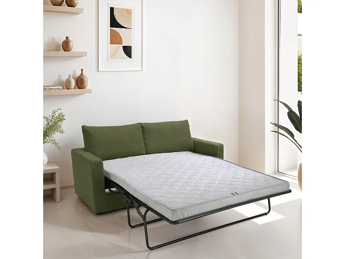 Canapé convertible 3 places en velours côtelé vert kaki - ouverture semi-express - Silvia