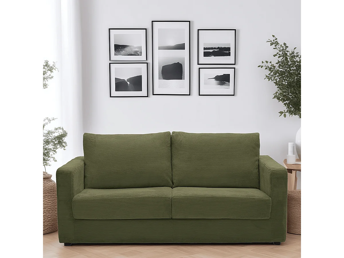 Canapé convertible 3 places en velours côtelé vert kaki - ouverture semi-express - Silvia