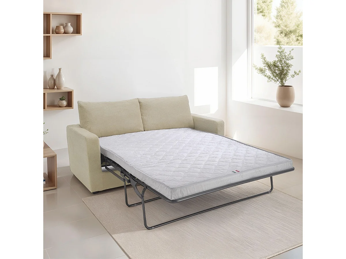 Canapé convertible 3 places en velours côtelé beige - ouverture semi-express - Silvia