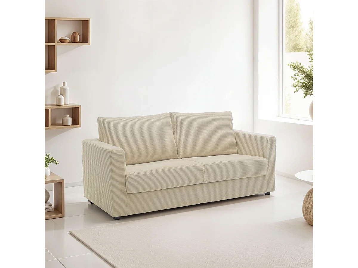 Canapé convertible 3 places en velours côtelé beige - ouverture semi-express - Silvia