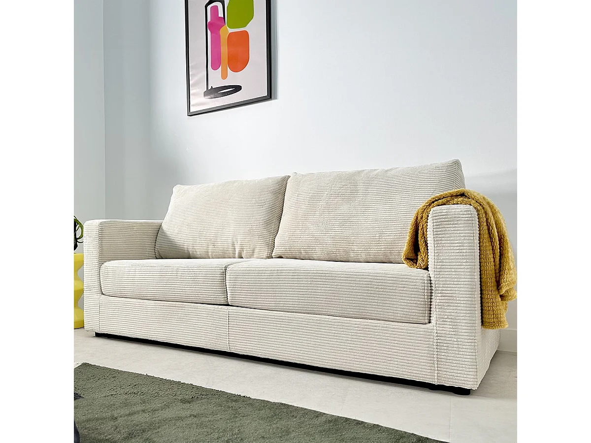 Canapé convertible 3 places en velours côtelé beige - ouverture semi-express - Silvia