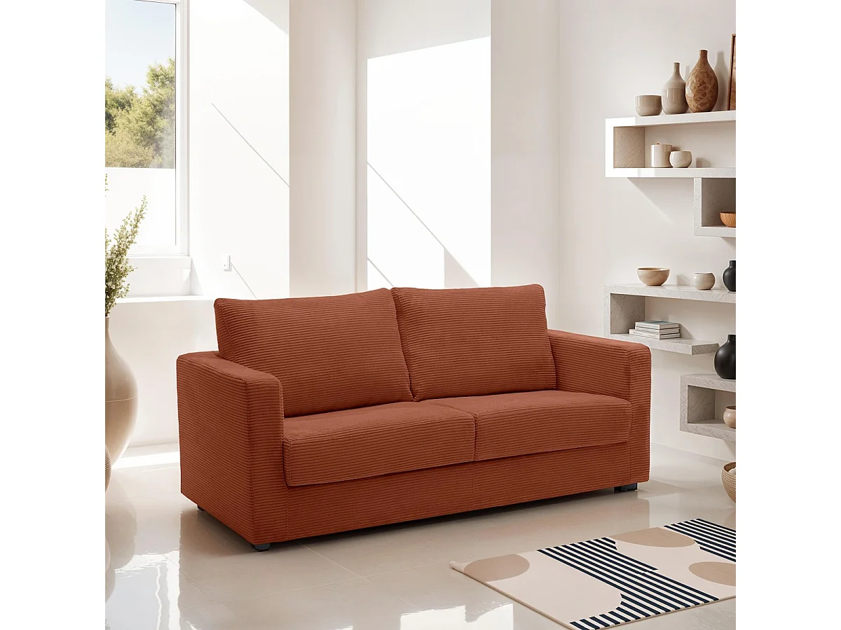 Canapé convertible 3 places en velours côtelé rouille - ouverture semi-express - Silvia