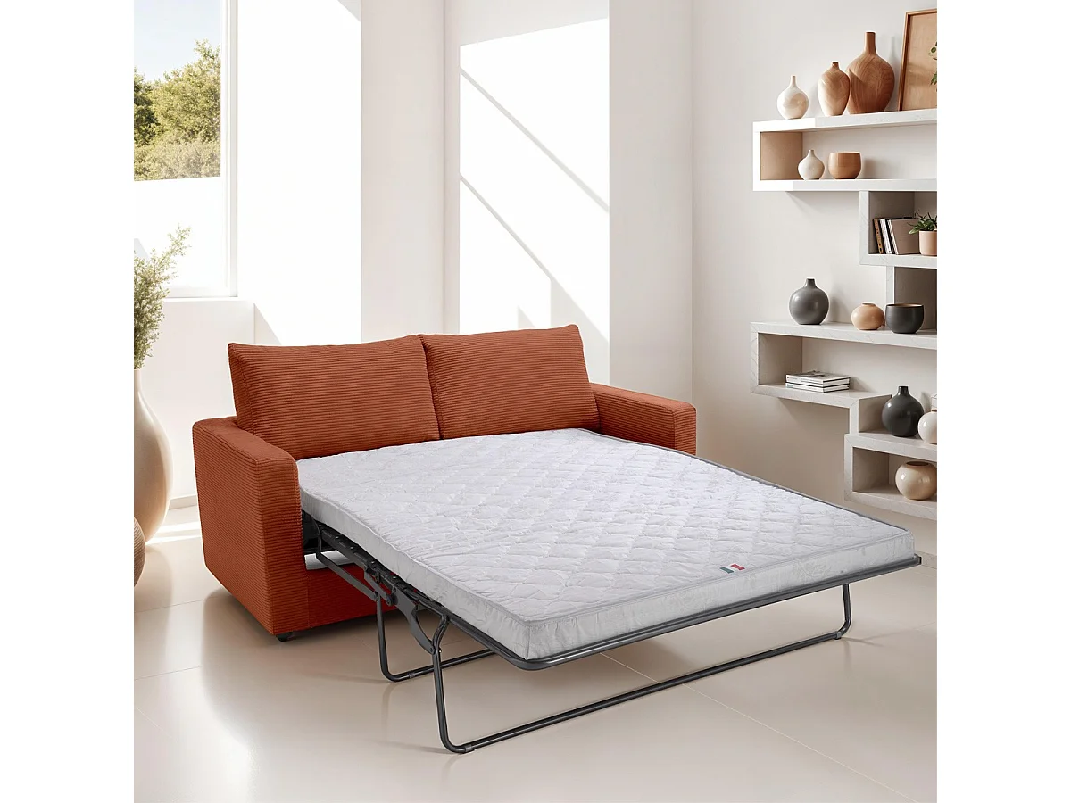 Canapé convertible 3 places en velours côtelé rouille - ouverture semi-express - Silvia