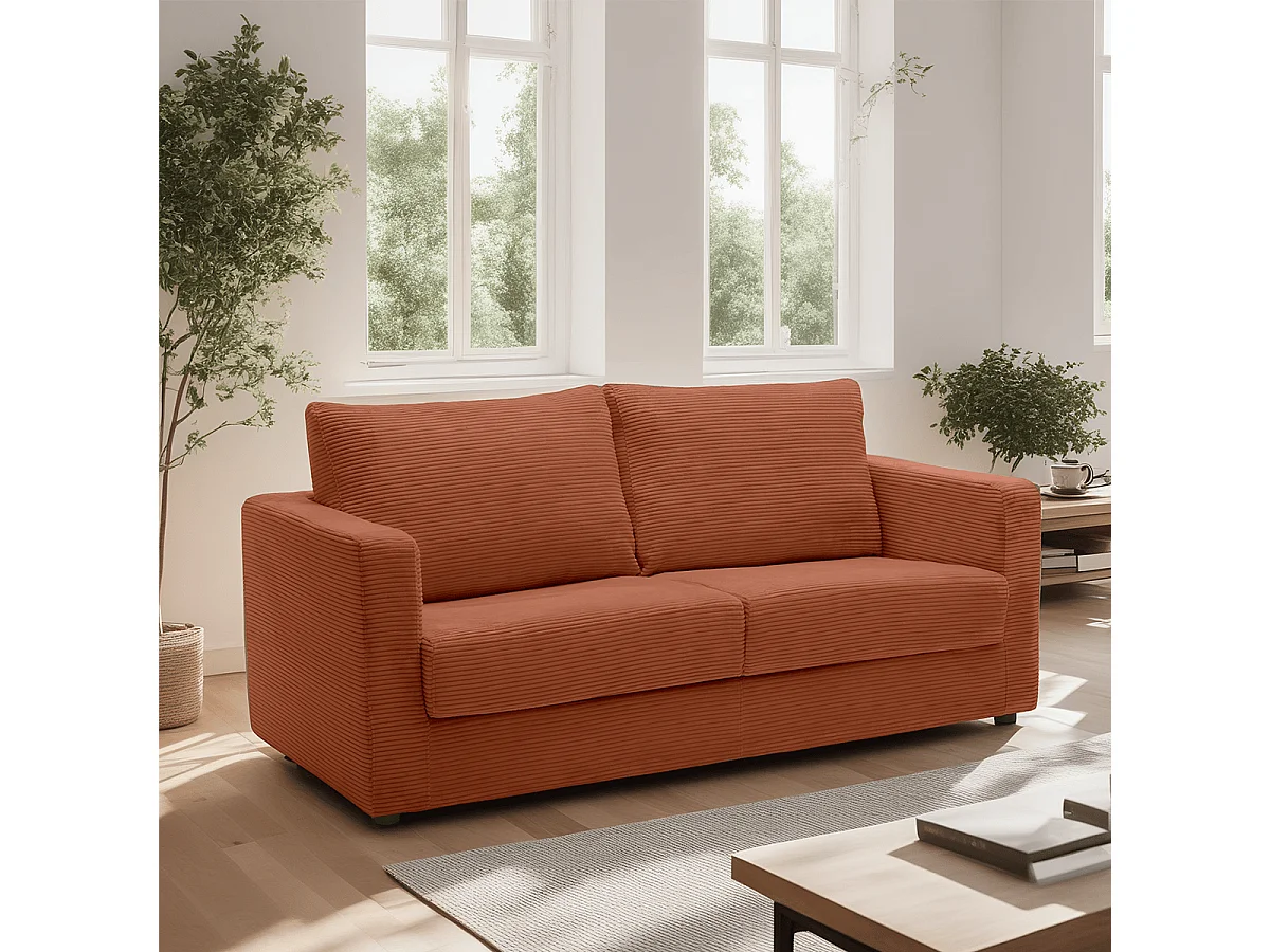 Canapé convertible 3 places en velours côtelé rouille - ouverture semi-express - Silvia