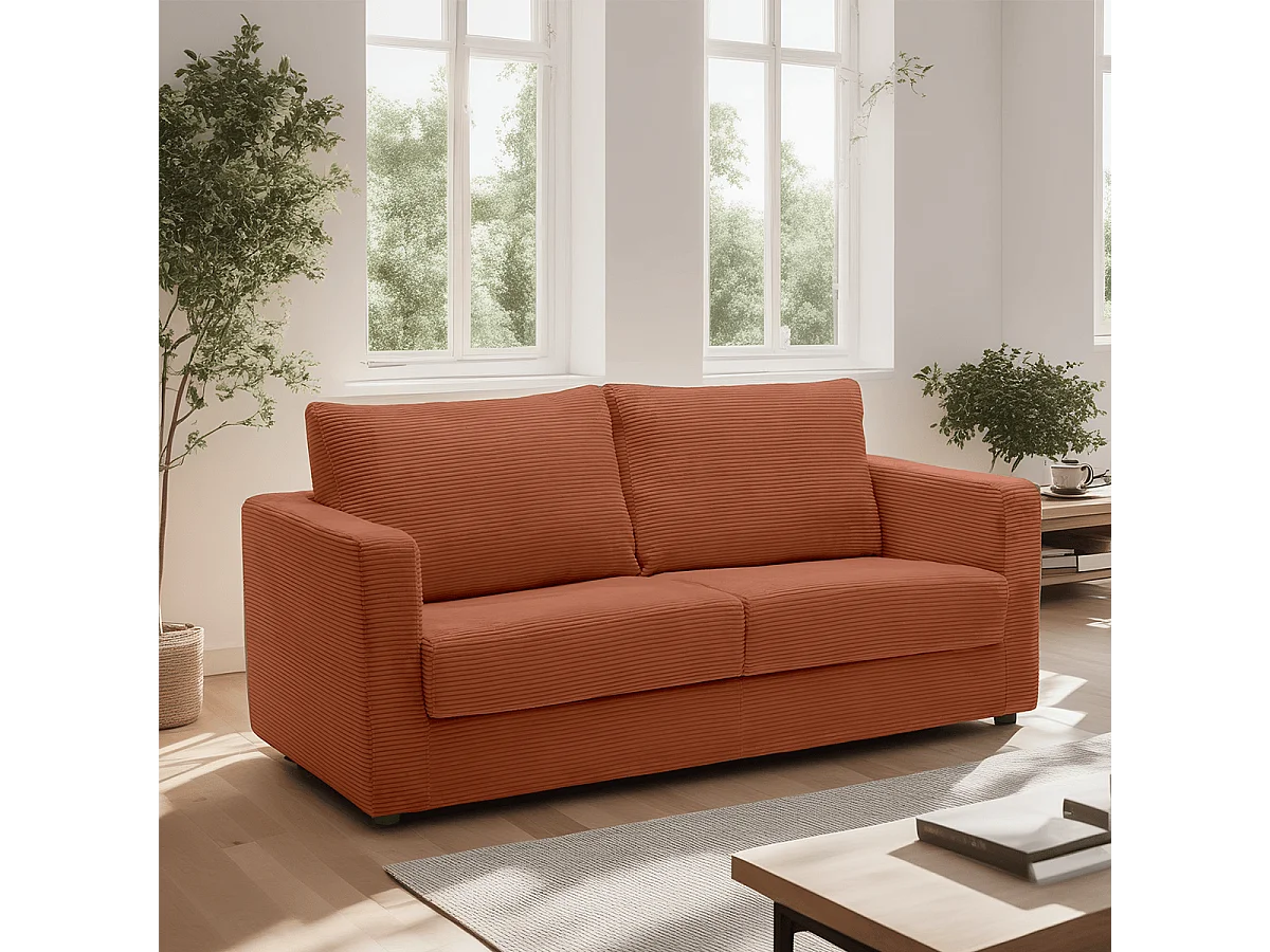 Canapé convertible 3 places en velours côtelé rouille - ouverture semi-express - Silvia