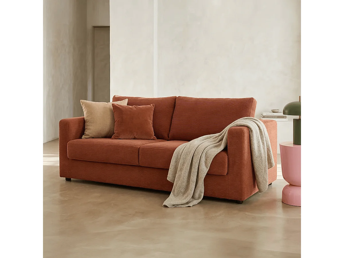 Canapé convertible 3 places en velours côtelé rouille - ouverture semi-express - Silvia