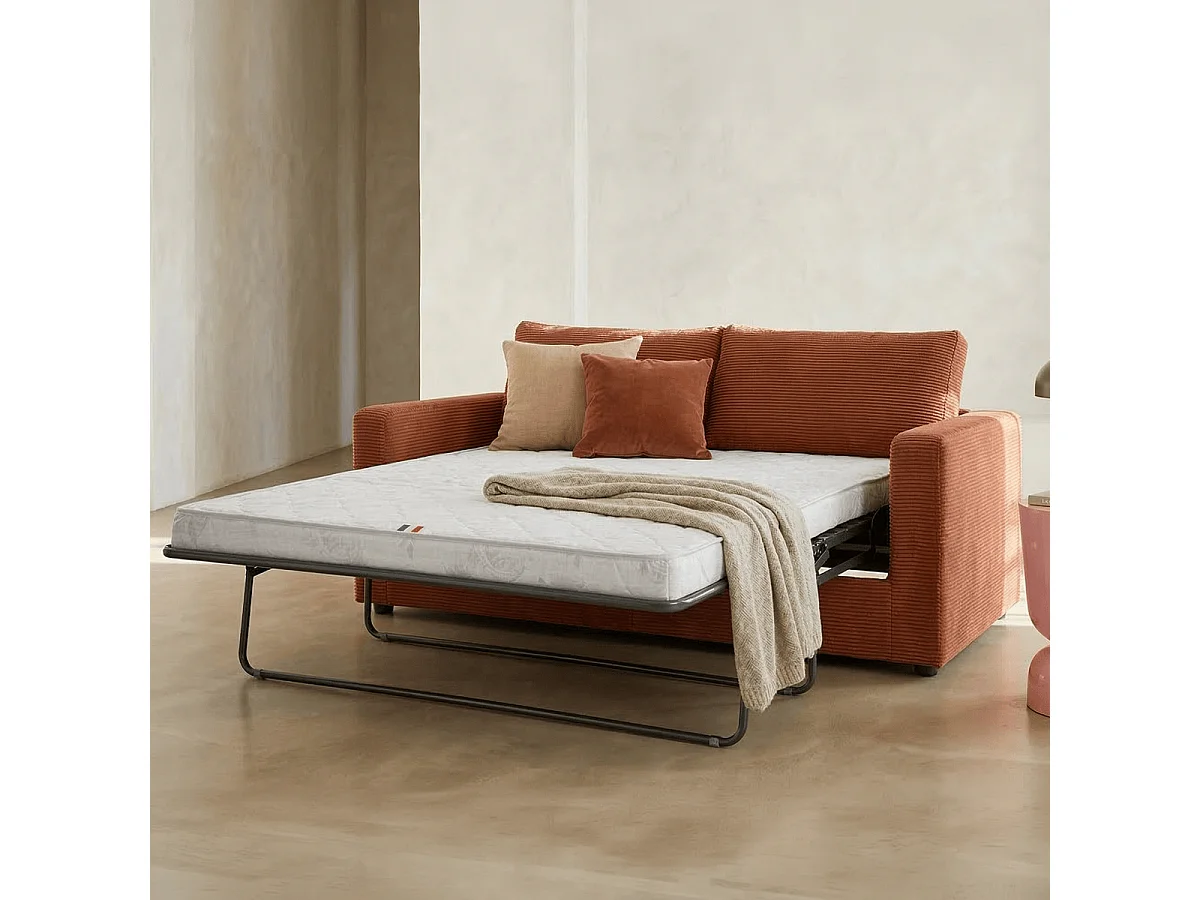 Canapé convertible 3 places en velours côtelé rouille - ouverture semi-express - Silvia