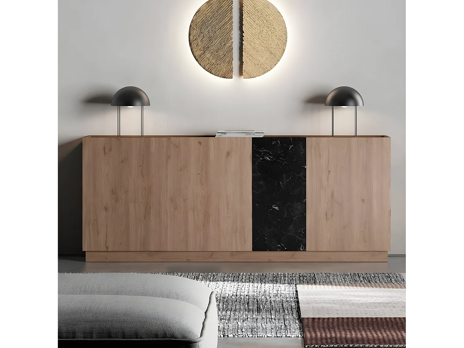 Buffet 4 portes effet bois et marbre noir 180 cm - Dilan