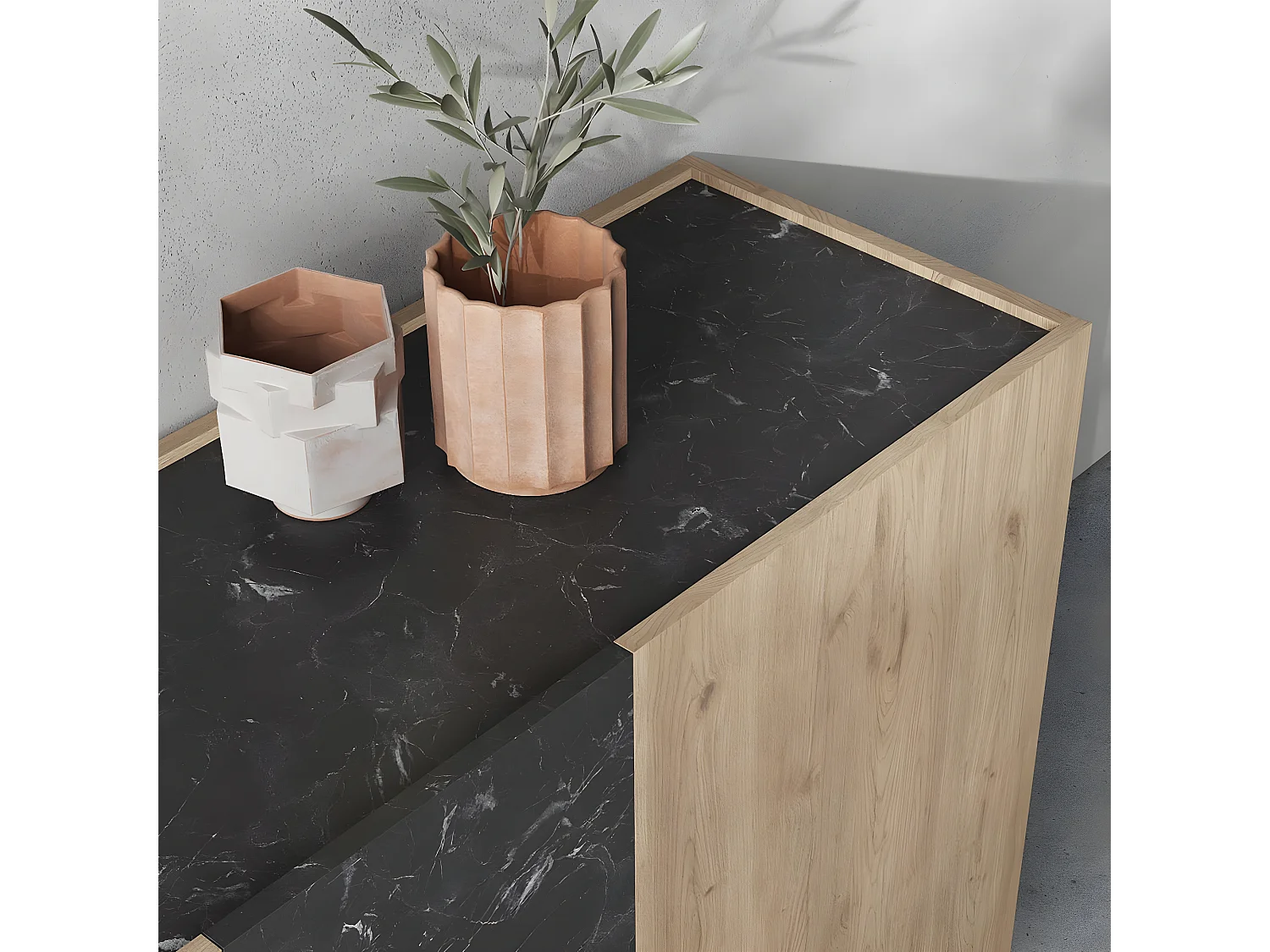 Buffet 4 portes effet bois et marbre noir 180 cm - Dilan