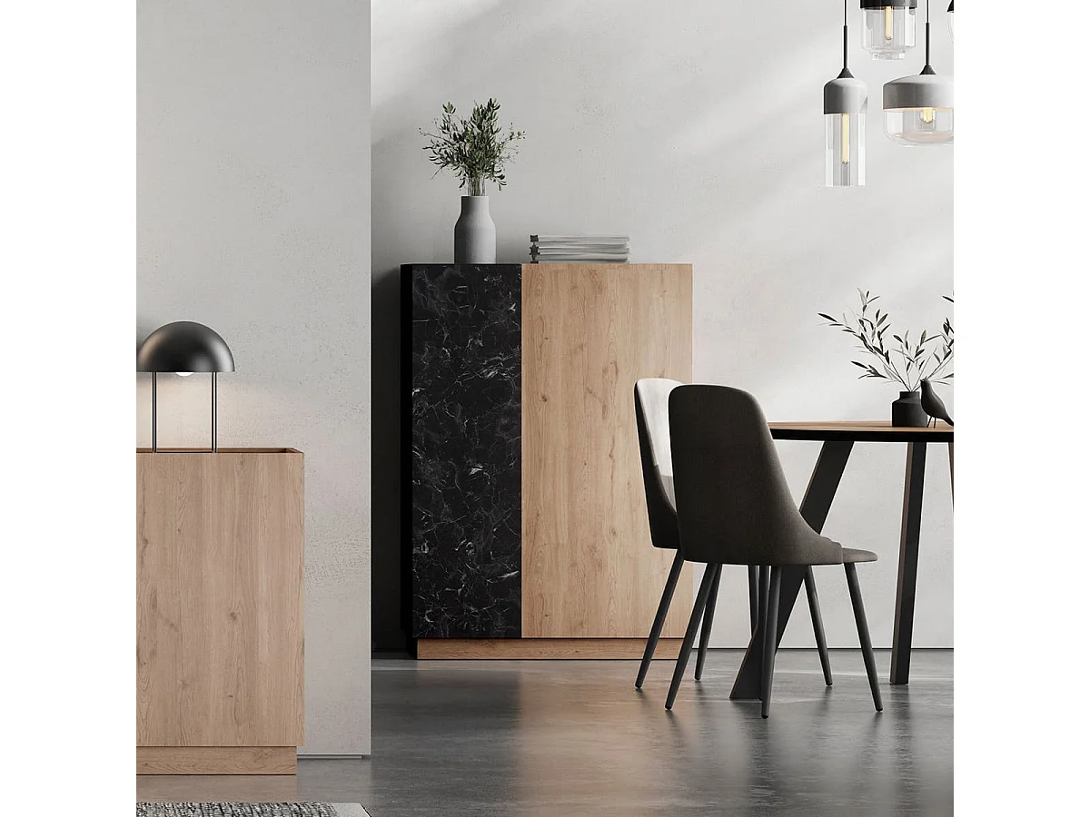 Buffet haut 2 portes effet bois et marbre noir 90 cm - Dilan