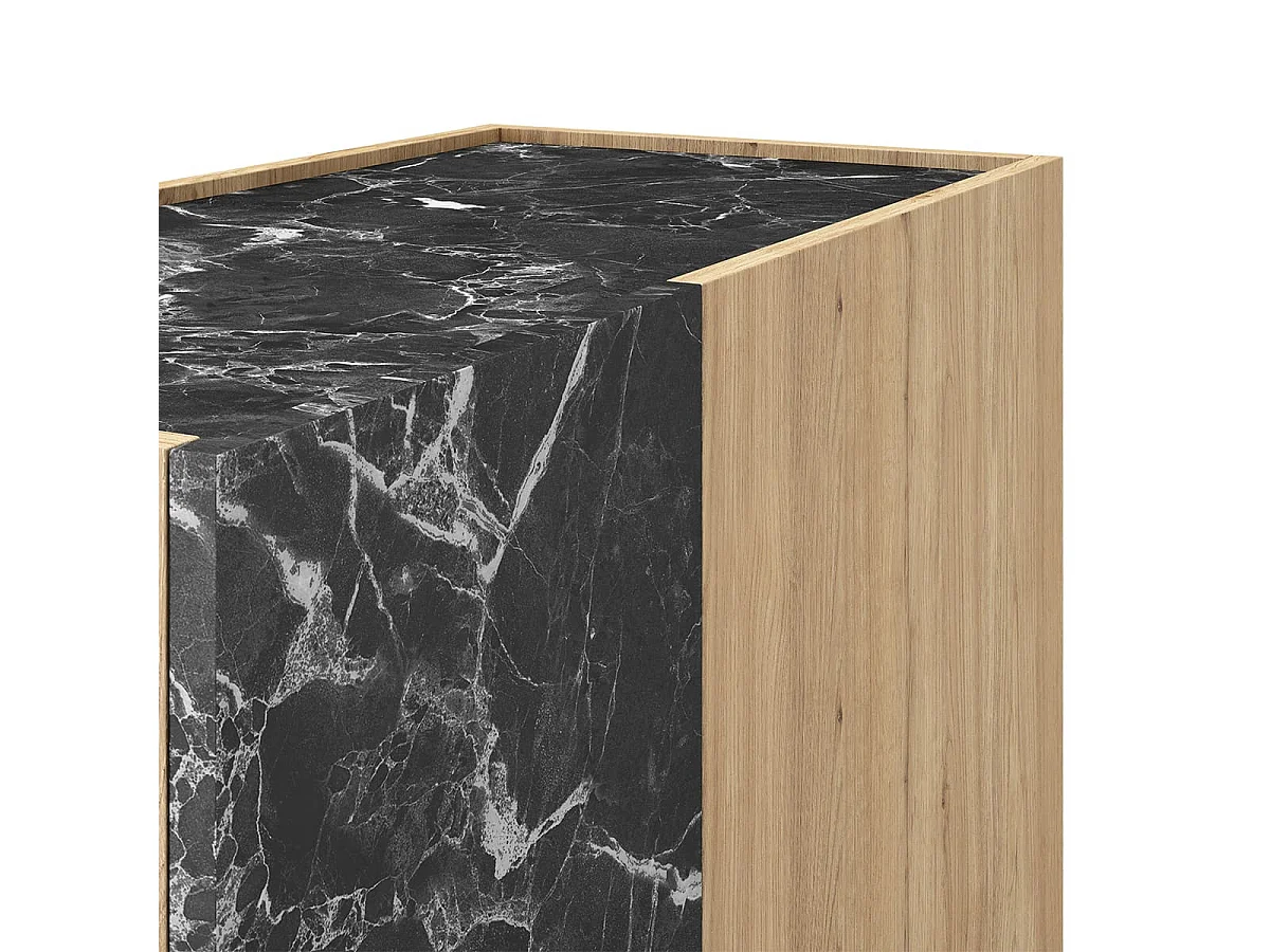 Buffet haut 2 portes effet bois et marbre noir 90 cm - Dilan