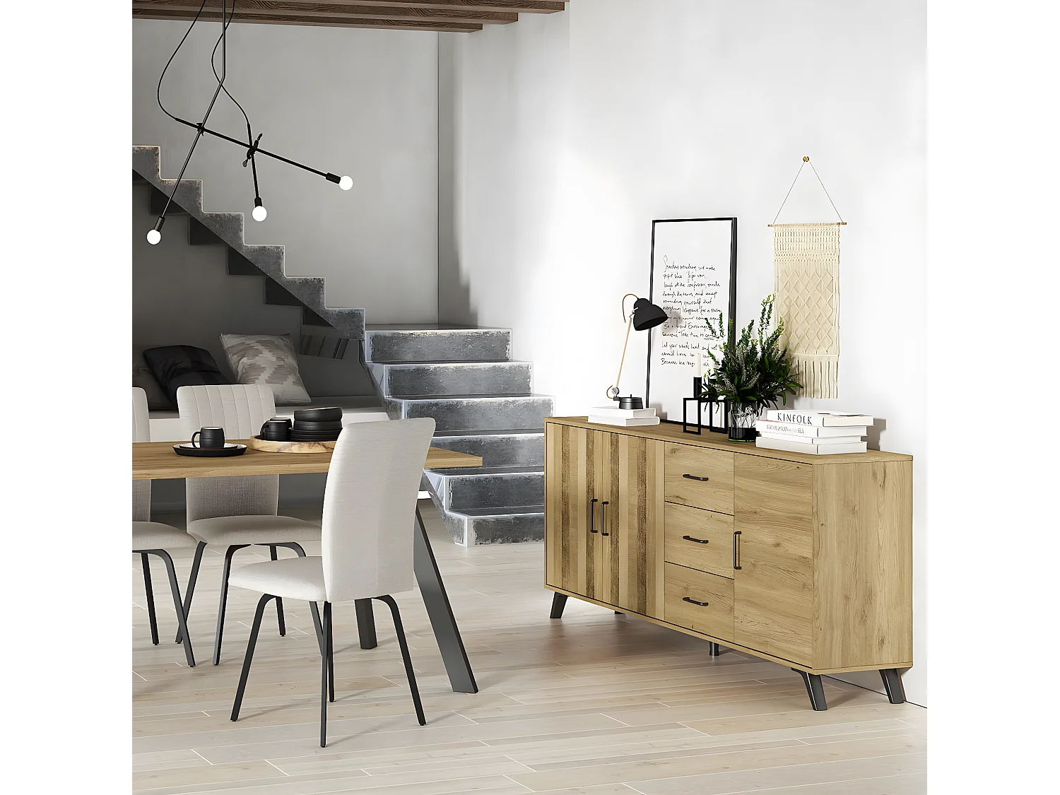Buffet 3 portes 3 tiroirs effet bois 180 cm - Inari