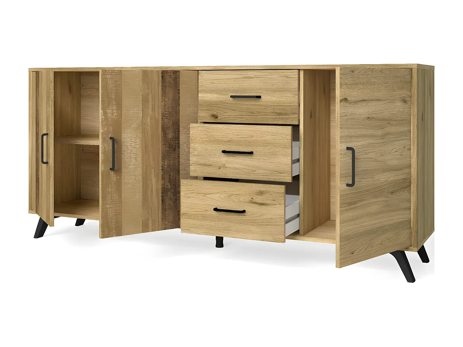 Buffet 3 portes 3 tiroirs effet bois 180 cm - Inari