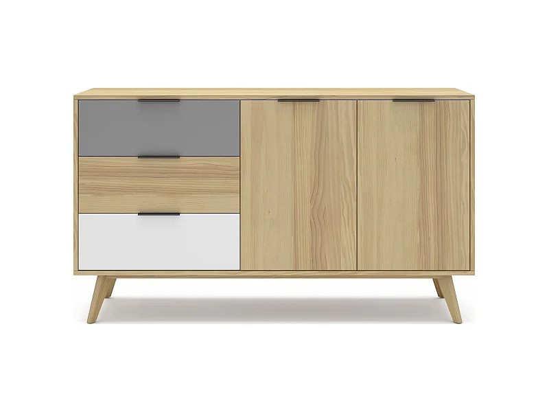 Buffet 2 portes 3 tiroirs en pin massif blanc / gris / effet chêne 140 cm - Eddy