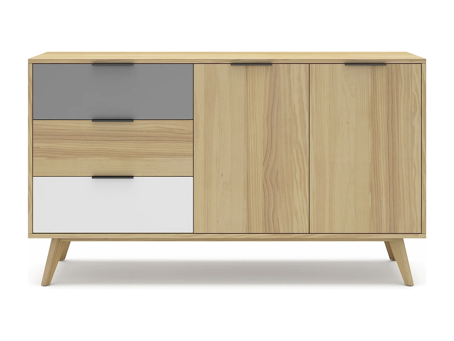 Buffet 2 portes 3 tiroirs en pin massif blanc / gris / effet chêne 140 cm - Eddy