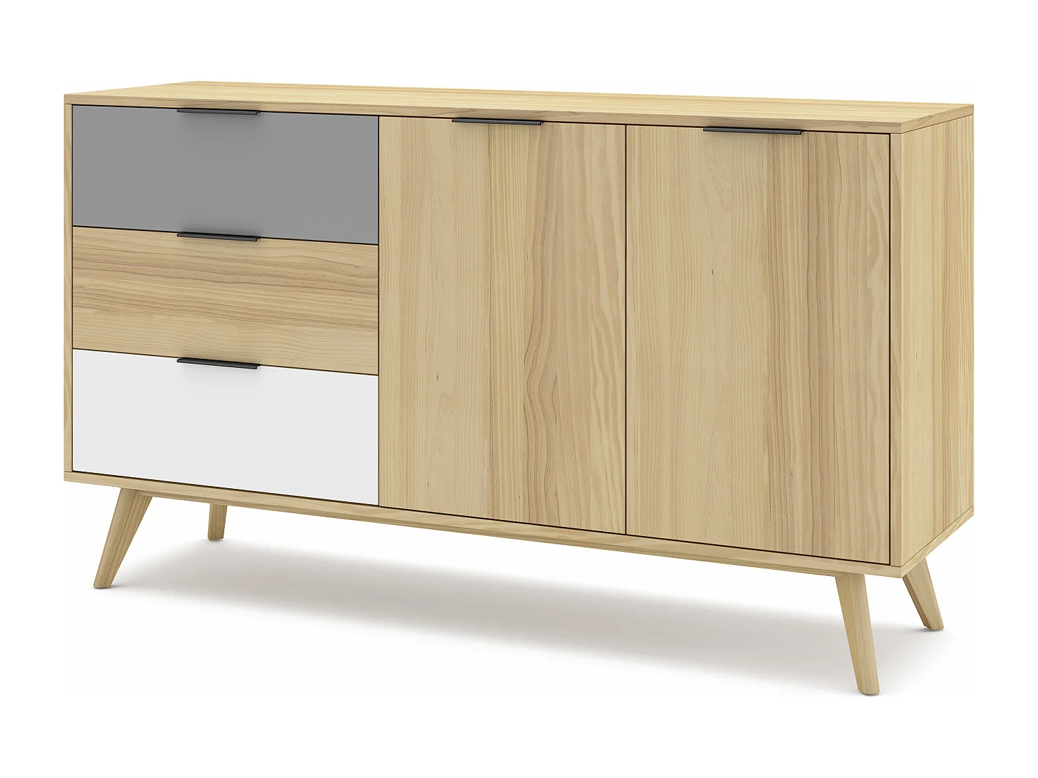 Buffet 2 portes 3 tiroirs en pin massif blanc / gris / effet chêne 140 cm - Eddy