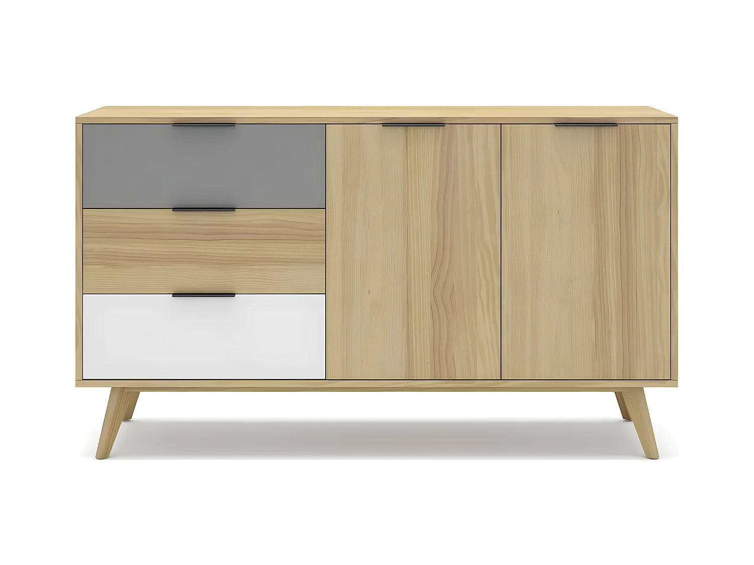 Buffet 2 portes 3 tiroirs en pin massif blanc / gris / effet chêne 140 cm - Eddy