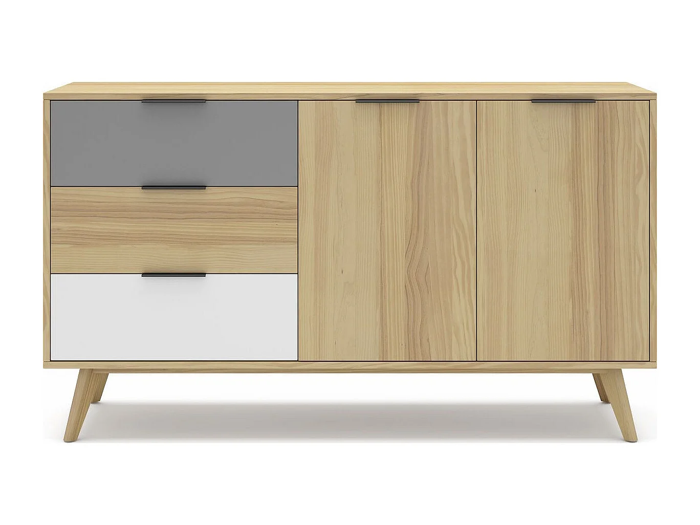 Buffet 2 portes 3 tiroirs en pin massif blanc / gris / effet chêne 140 cm - Eddy