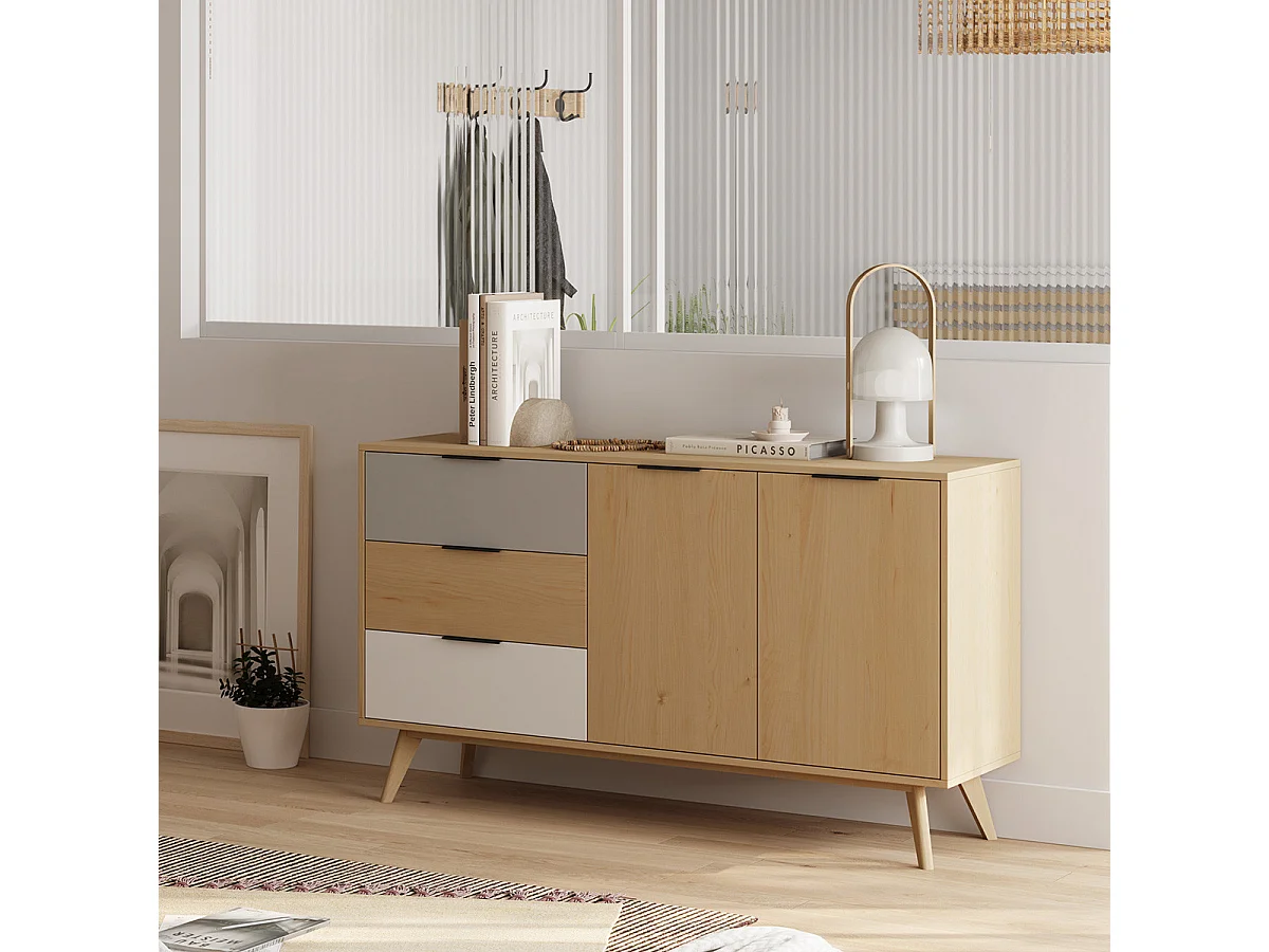 Buffet 2 portes 3 tiroirs en pin massif blanc / gris / effet chêne 140 cm - Eddy
