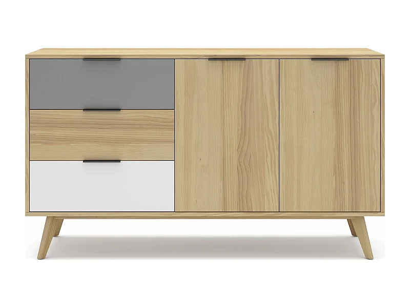 Buffet 2 portes 3 tiroirs en pin massif blanc / gris / effet chêne 140 cm - Eddy